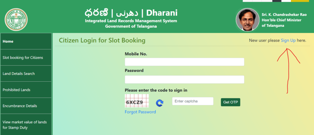 signup for slot booking in telangana dharani portal