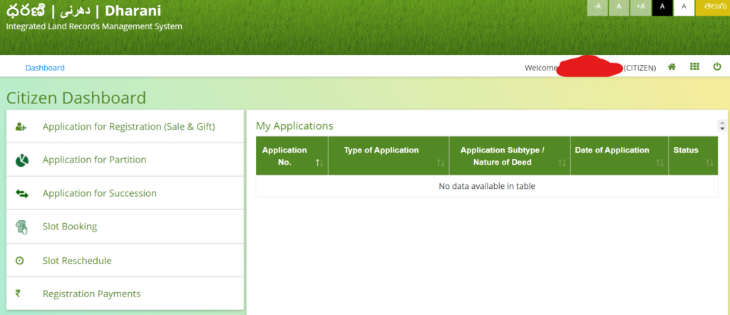 citizen slot booking dashboard in telangana dharani portal