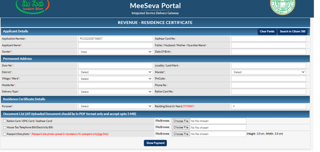 online residence application in telangana